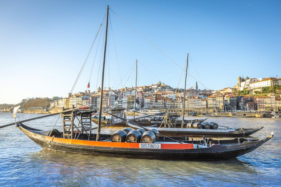 Traditional rabelo boats with wine barrels on the Douro