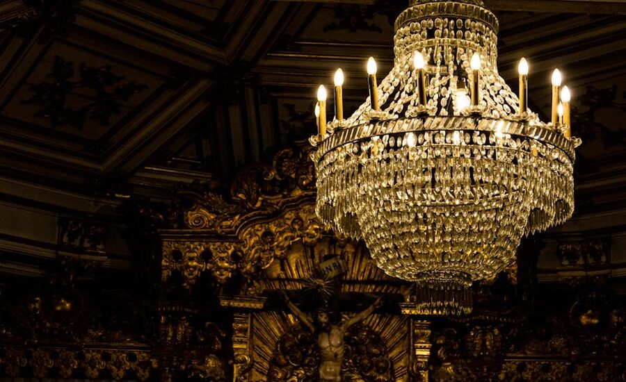 Ornate Porto church interior with chandelier