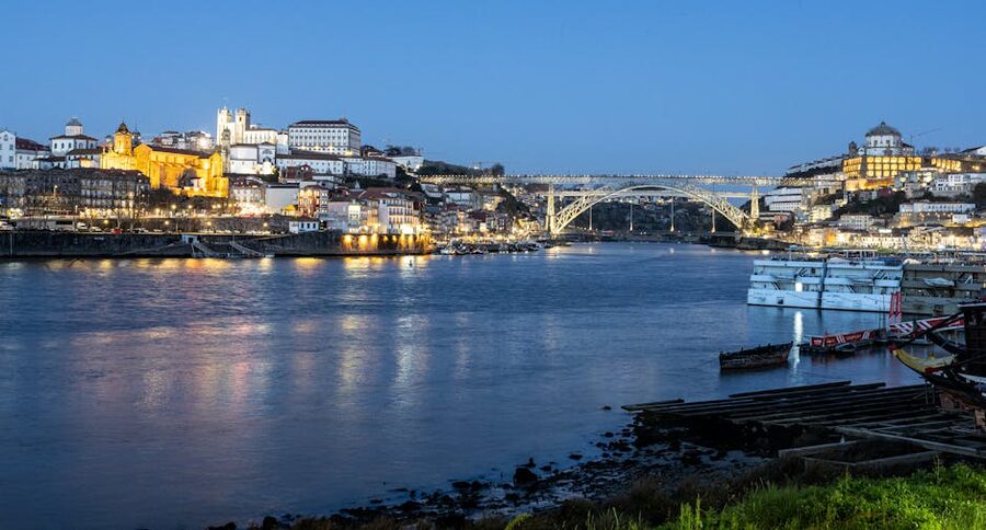 Porto night view with Dom Luis I bridge lit