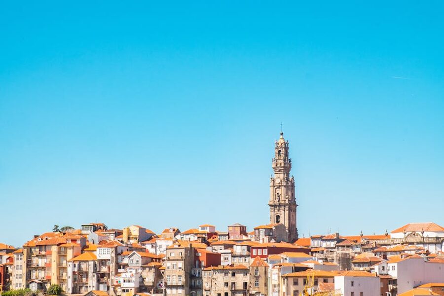 Torre dos Clerigos rising above Porto cityscape