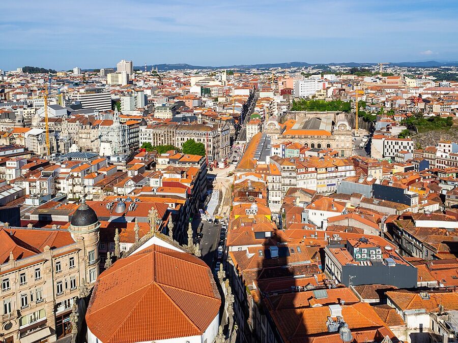 Eastern view of Porto from Torre dos Clerigos showing red rooftops
