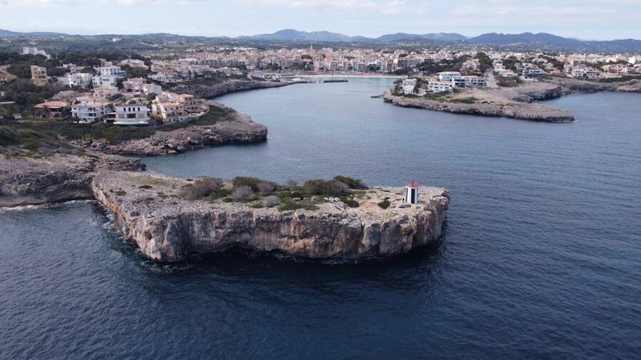 Porto Cristo Mallorca aerial view of cliffs and bay
