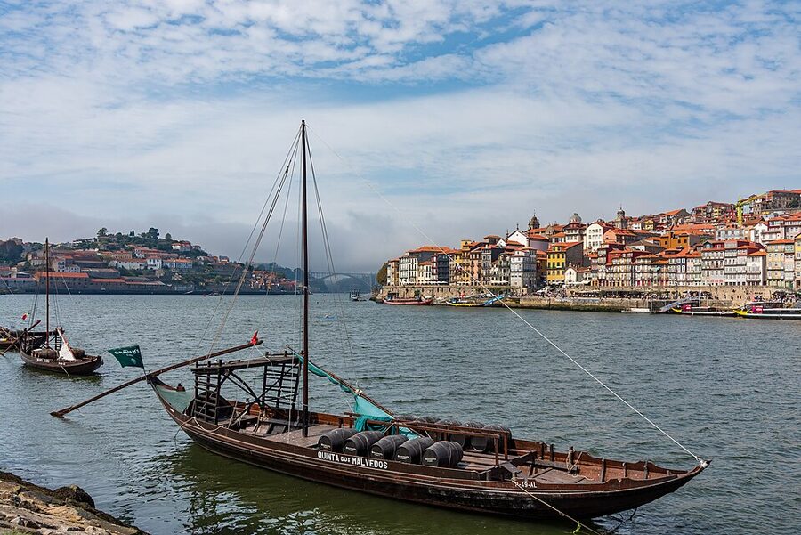 Historic rabelo boat moored on Douro river Porto Portugal