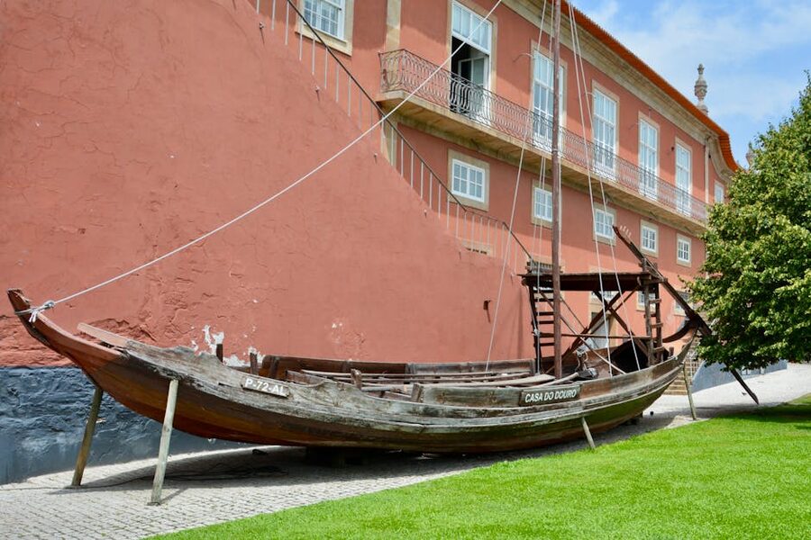 Traditional rabelo boat displayed in Peso da Regua Portugal