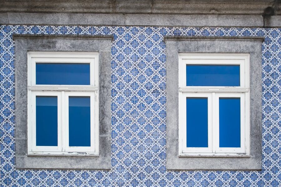 Traditional Portuguese azulejo blue tile facade in Porto