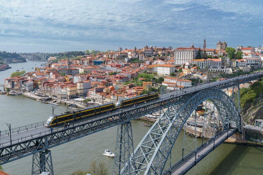 Aerial view of Dom Luís I Bridge spanning the Douro in Porto