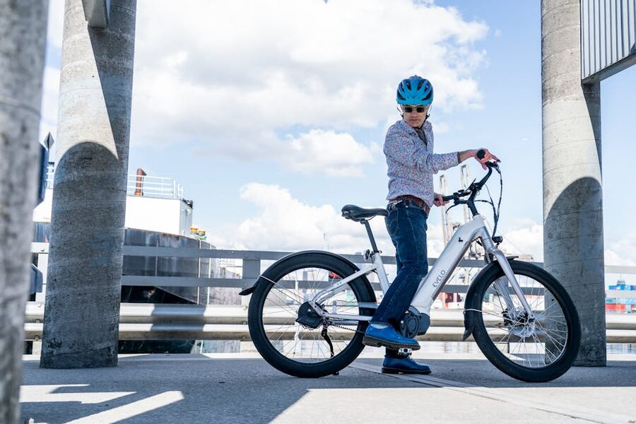 Cyclist on an electric bike in an urban setting