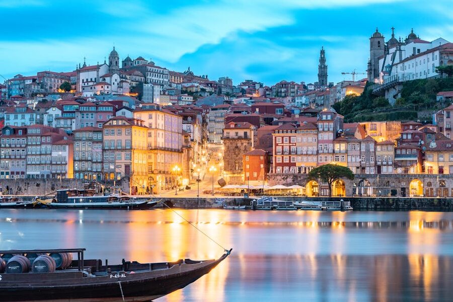 Porto Douro River evening reflections with illuminated bridges