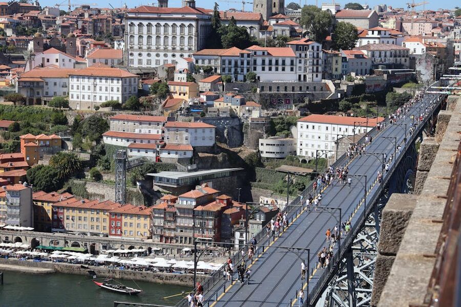 Aerial view of Dom Luis I Bridge in Porto