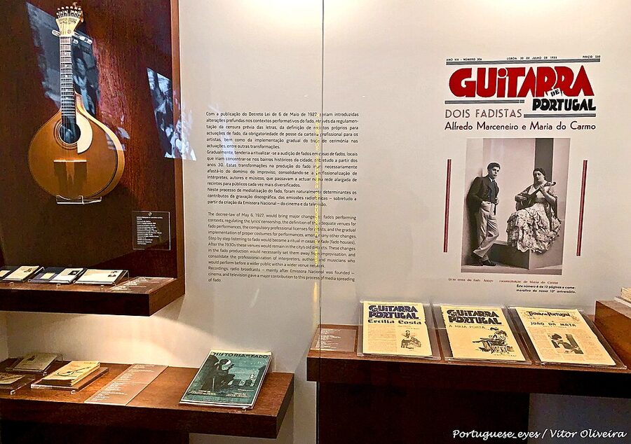 Portuguese guitar on display in fado museum context