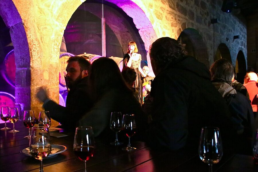 Porto fado scene in granite-walled tavern