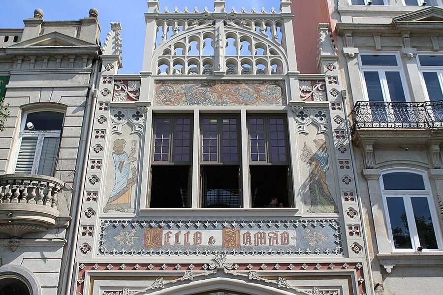 Neo-gothic facade detail of Livraria Lello