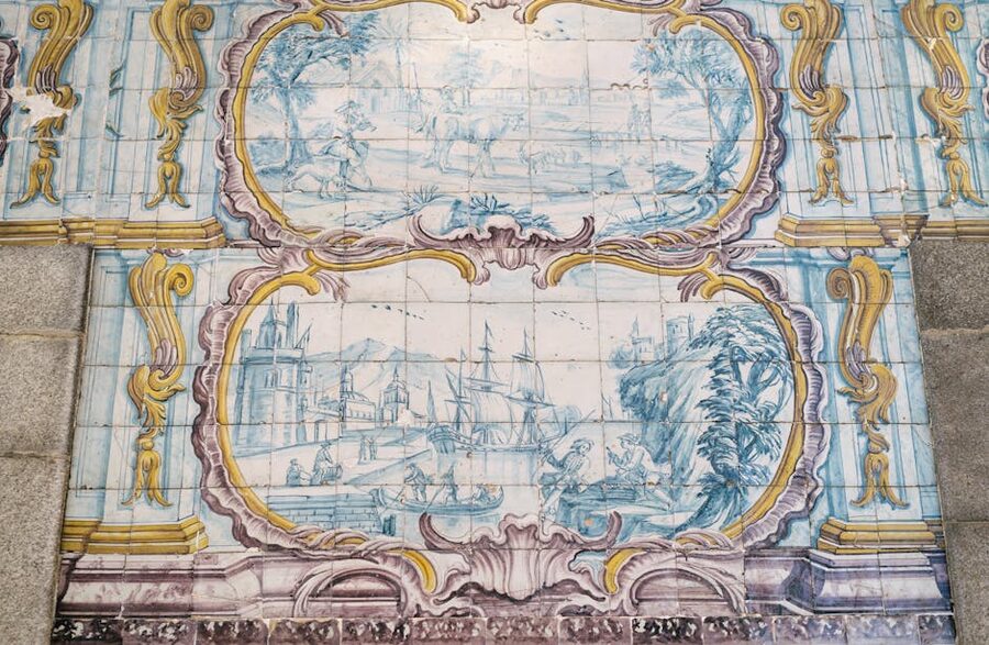 Azulejo tile mural depicting ship in port