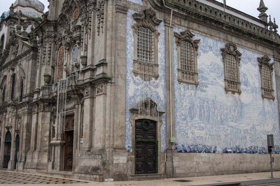Porto church facade covered in classic blue azulejo tiles