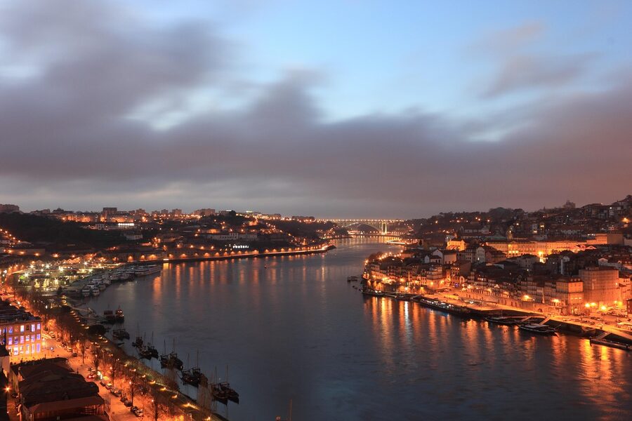 View along the Porto Douro waterfront with houses stacked on the slope