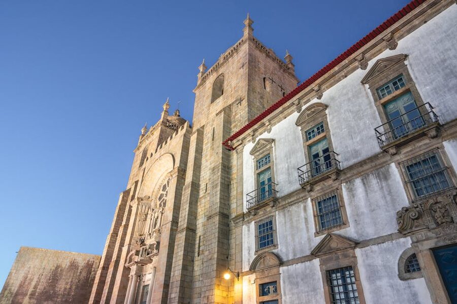 Porto Sé Cathedral exterior in golden evening light