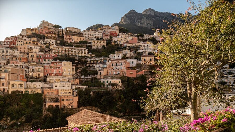 Positano on the Amalfi Coast bathed in evening light with colourful buildings