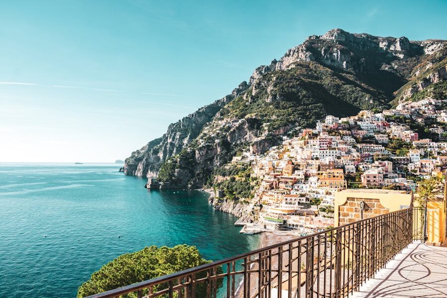 Positano colorful cliffside buildings overlooking the Mediterranean Sea