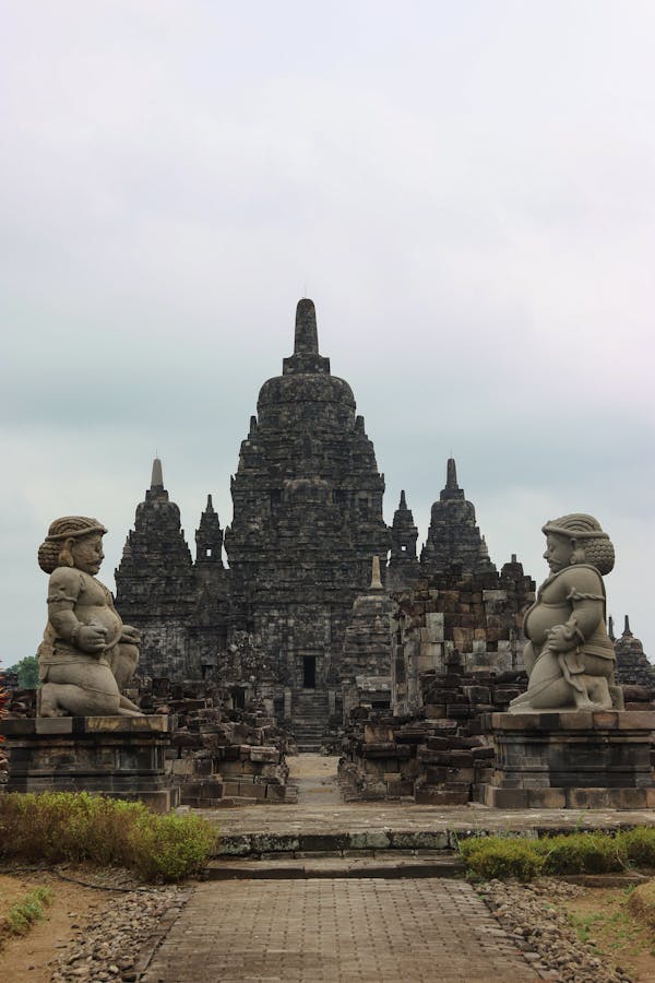 Prambanan temple complex ruins with restored spires