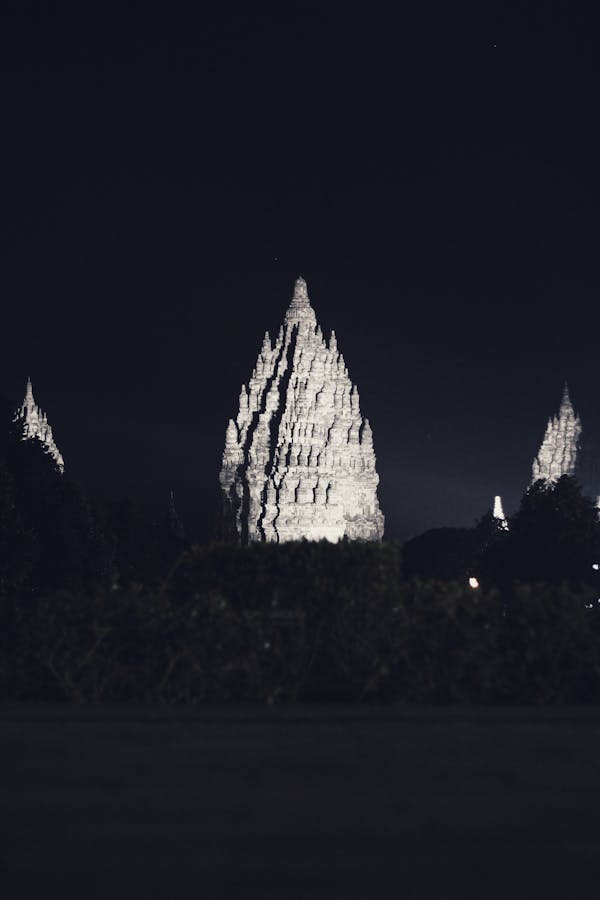 Prambanan temple at night illuminated