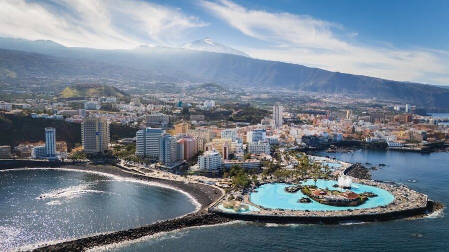 Puerto de la Cruz coast with Teide in the distance