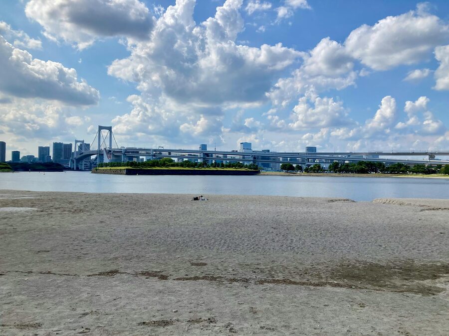 Sandy beach at Odaiba with Rainbow Bridge and Tokyo skyline visible across the bay