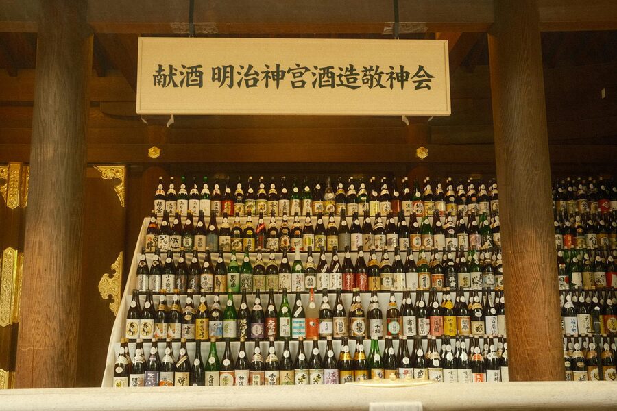 Rows of colorfully wrapped sake barrels displayed at Meiji Shrine in Tokyo