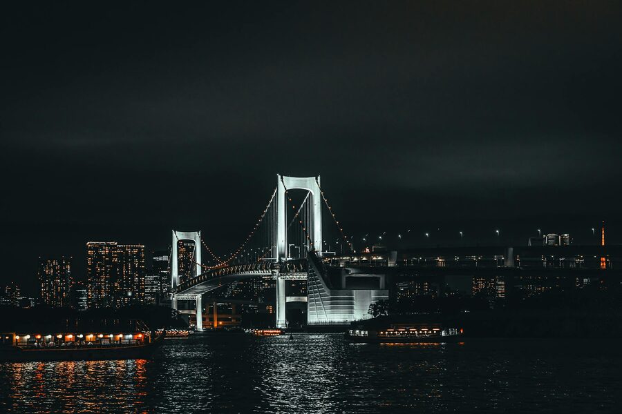 Rainbow Bridge illuminated over Tokyo Bay at night