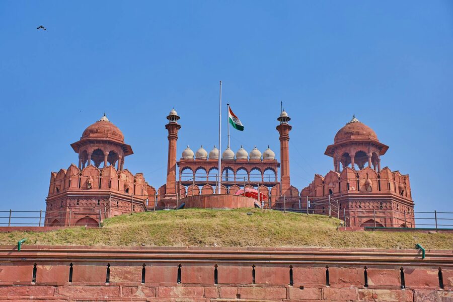 Red Fort Delhi with Indian flag