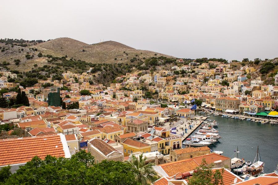 Symi aerial view harbour Greece