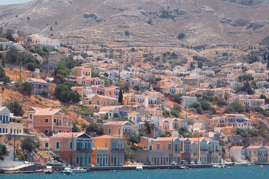 Symi bay colorful houses sea