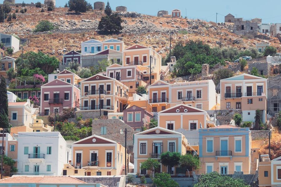 Symi pastel houses traditional Mediterranean
