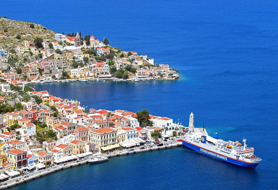 Symi port boats harbour neoclassical