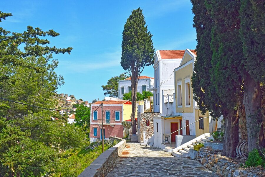 Symi street neoclassical houses Greece