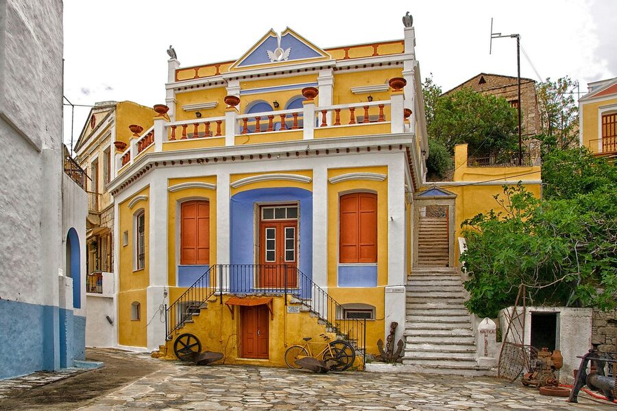 Symi walkway plaza buildings Greece