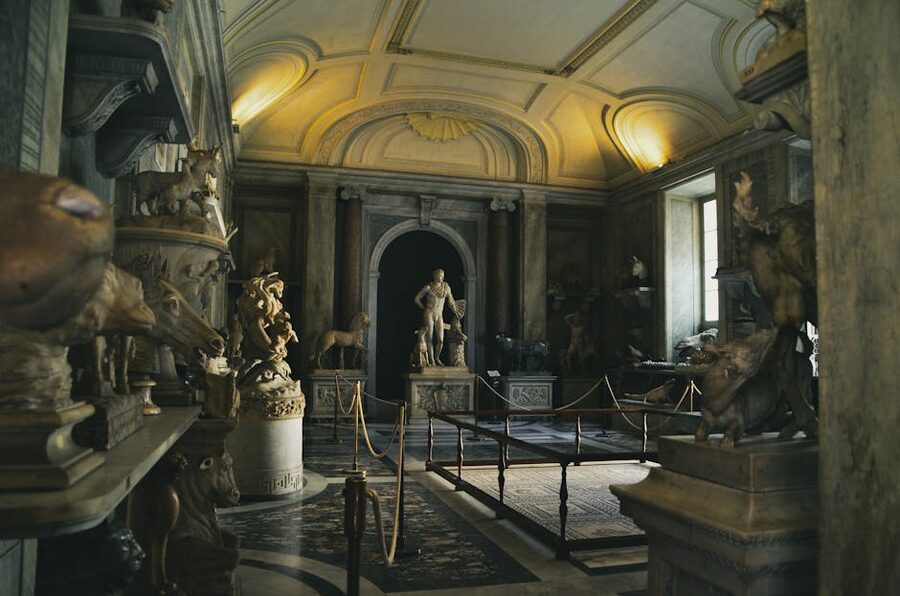 Roman sculpture gallery interior with marble statues