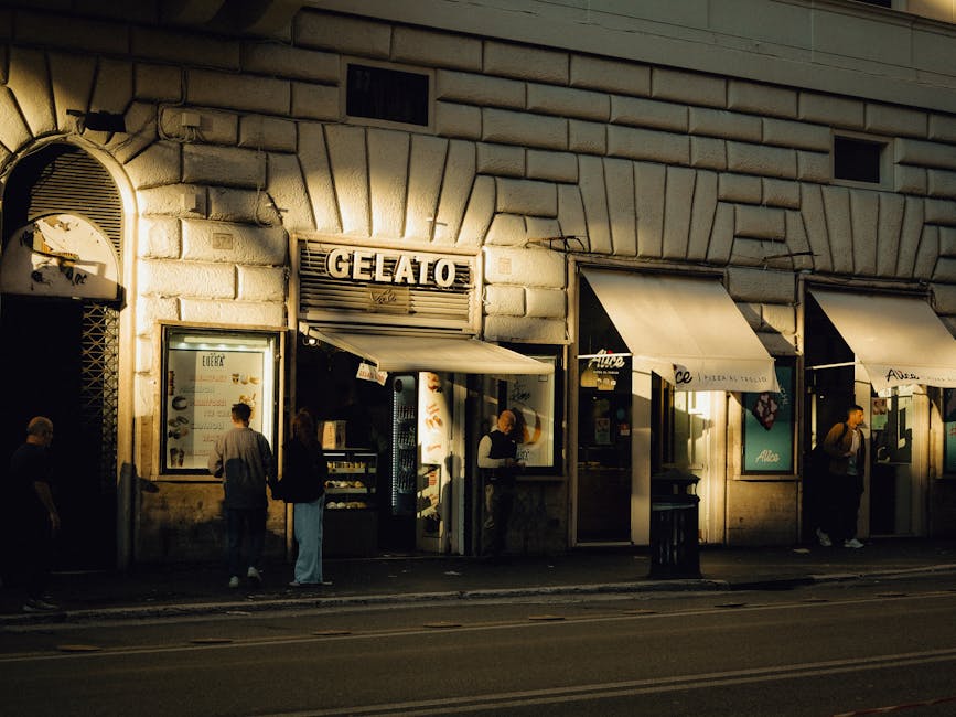 Rome gelato shop in the evening