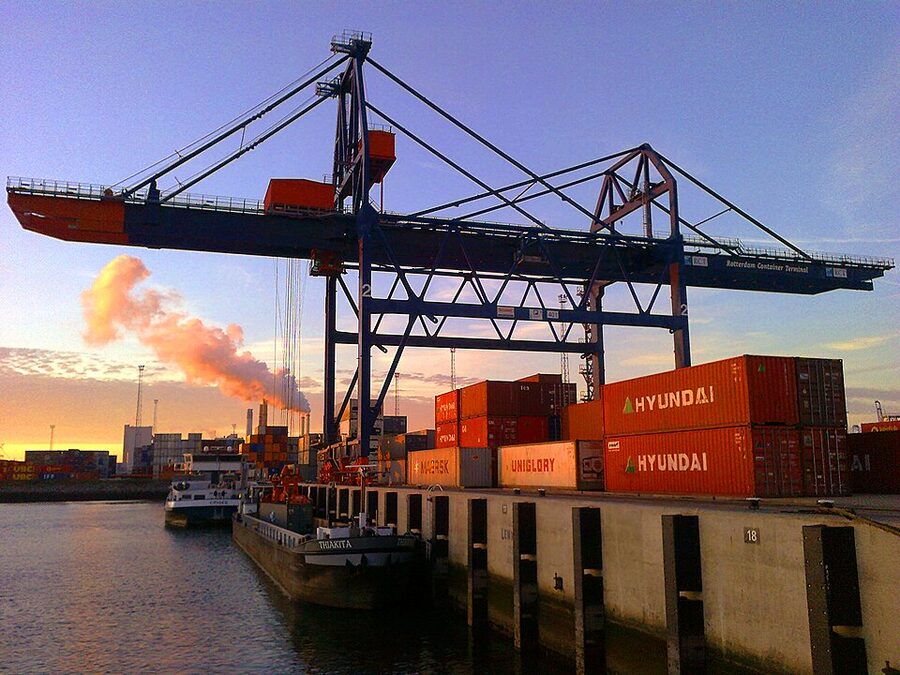 Rotterdam container terminal at sunset
