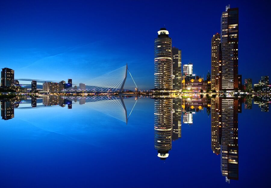Rotterdam skyscrapers and Erasmus Bridge from the river