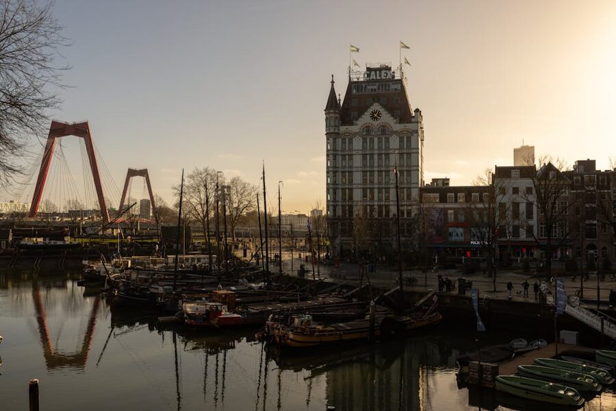 Rotterdam Willemsbrug and Witte Huis at sunset
