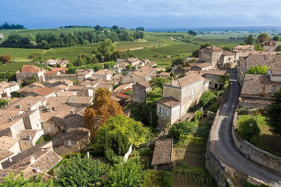 Saint-Emilion village and surrounding vineyards aerial view