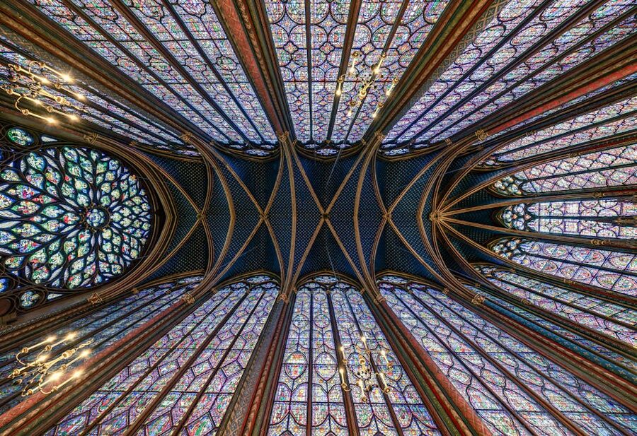 Sainte-Chapelle stained glass ceiling and Gothic vaulting in Paris