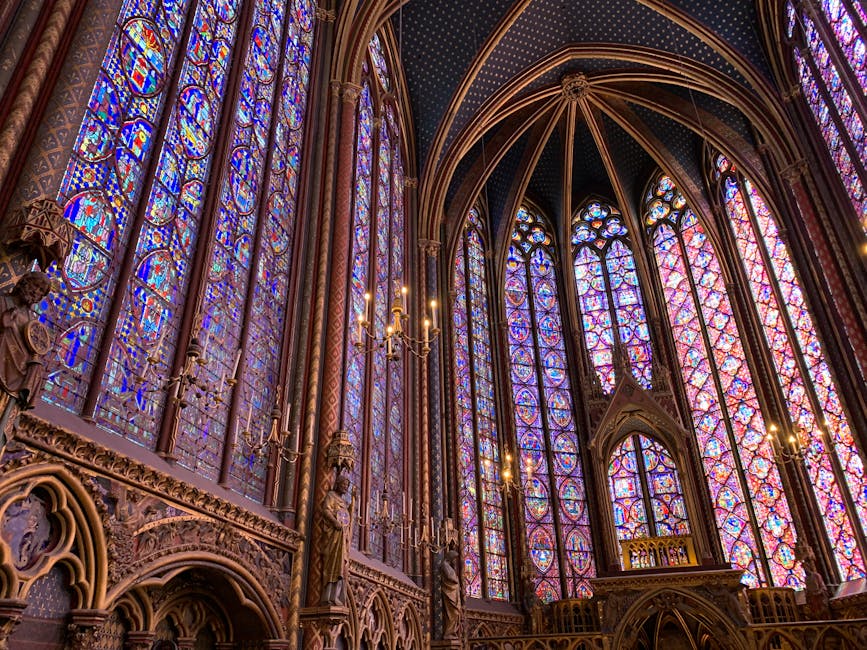 Stained glass windows of Sainte-Chapelle in Paris up close