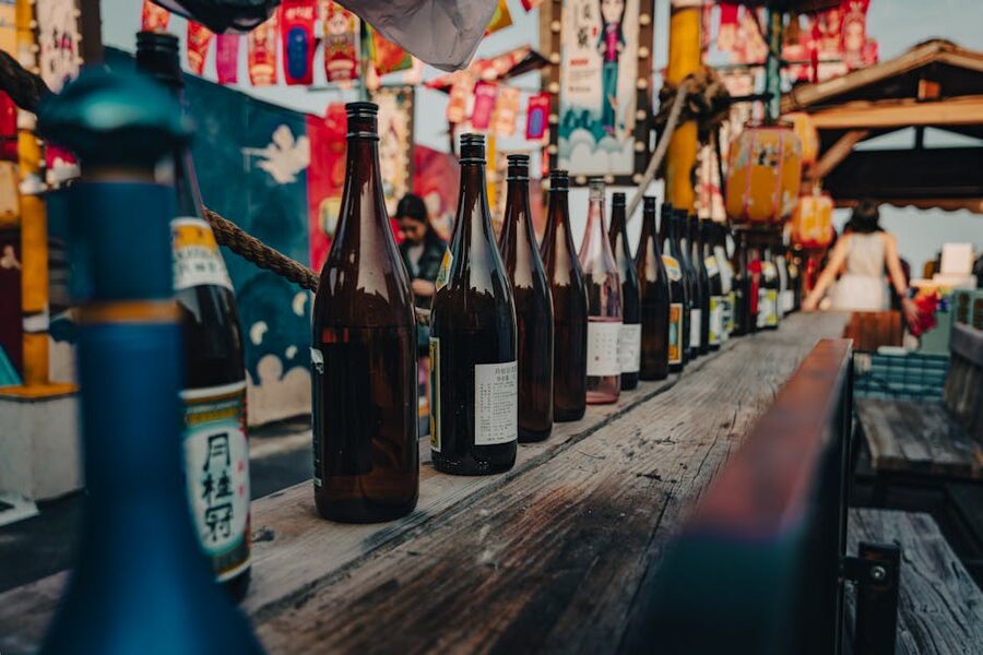 Row of sake bottles at a Japanese festival