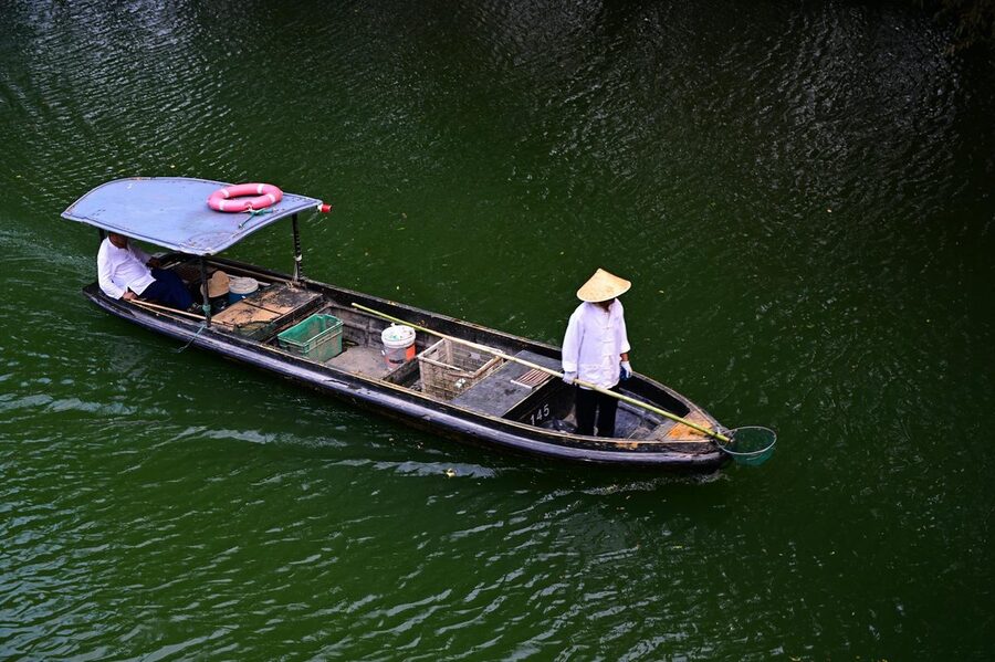 Two people on a narrow sampan boat navigating a green river