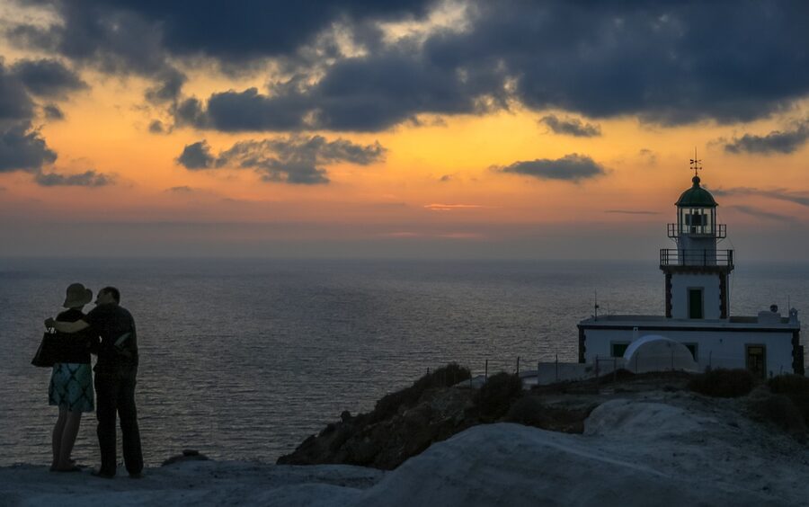 Akrotiri lighthouse sunset Santorini Greece