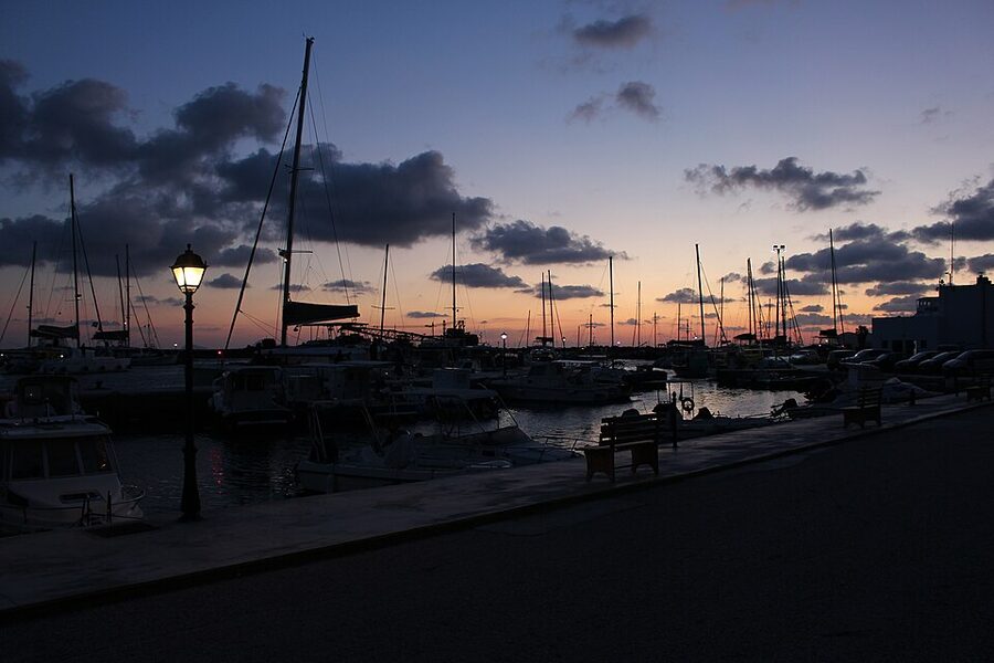 Vlychada marina Santorini at night boats moored