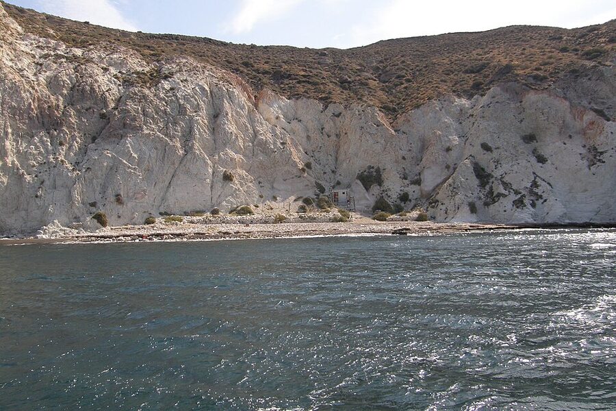 White Beach Aspri Paralia Santorini volcanic cliffs