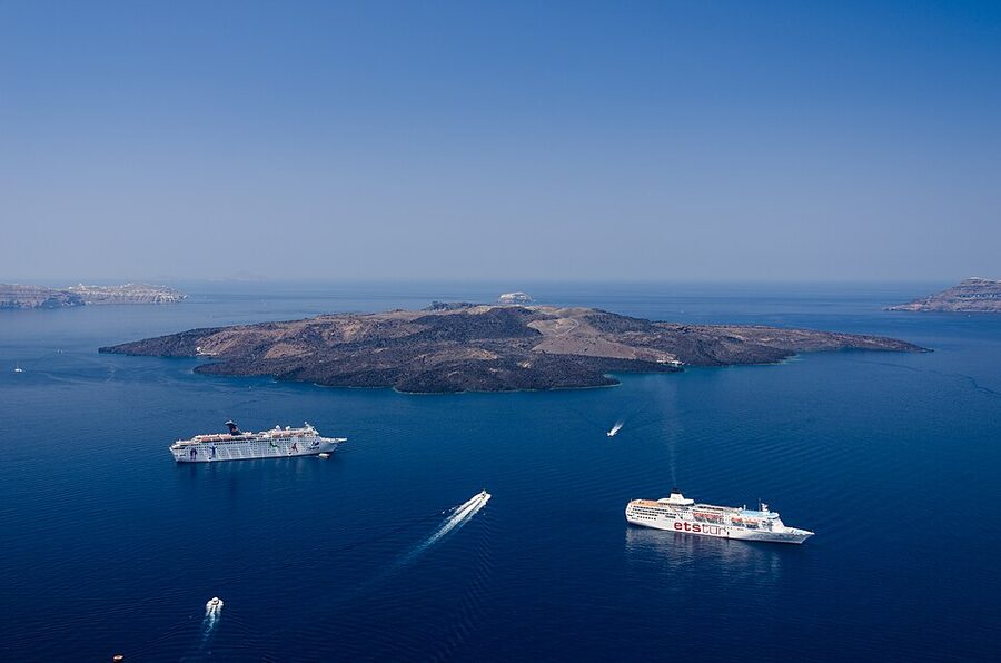 Santorini caldera Nea Kameni view from Fira