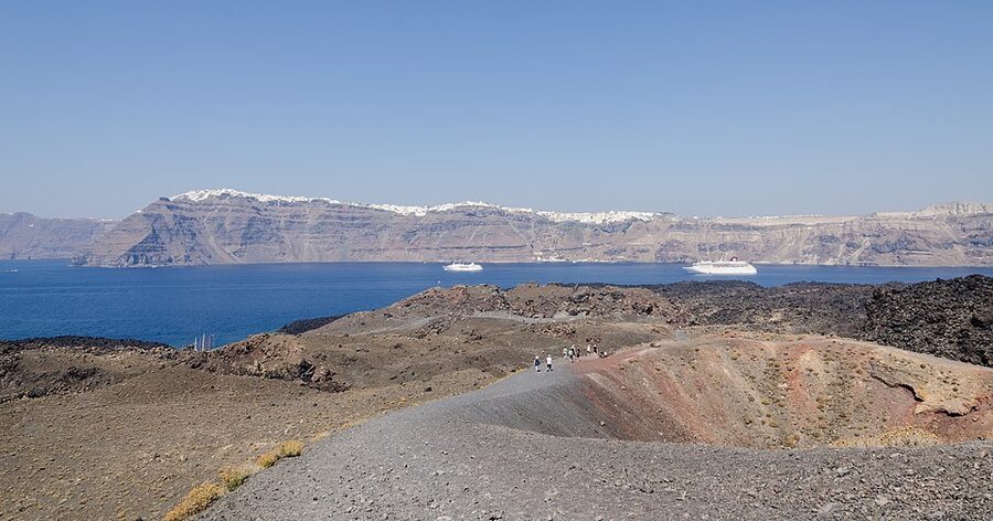 Nea Kameni walking trail volcanic gravel Santorini